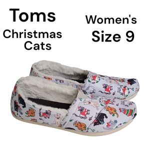Toms Belmont Christmas holiday cats canvas flat slip on shoes women's size 9